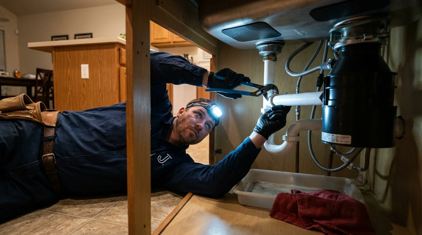 P-trap and supply line connections under a kitchen sink showing a common leak point in Montevallo, AL